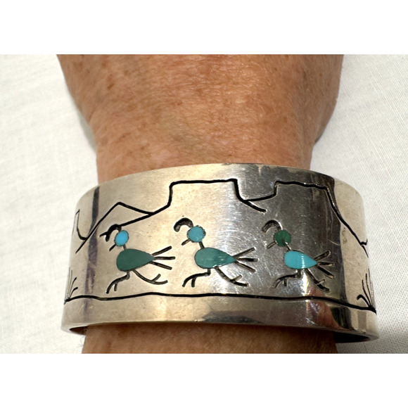 Native American Zuni Sterling Silver Inlay Turquoise Bird Quail Cuff Bracelet 64 - Picture 1 of 9